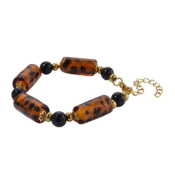 Brown Color Murano Style And Black Glass Bracelet In ION Plated YG Stainless Steel (7.5-9.5In)
