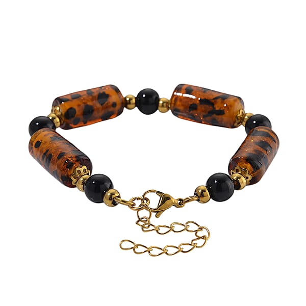 Brown Color Murano Style And Black Glass Bracelet In ION Plated YG Stainless Steel (7.5-9.5In)
