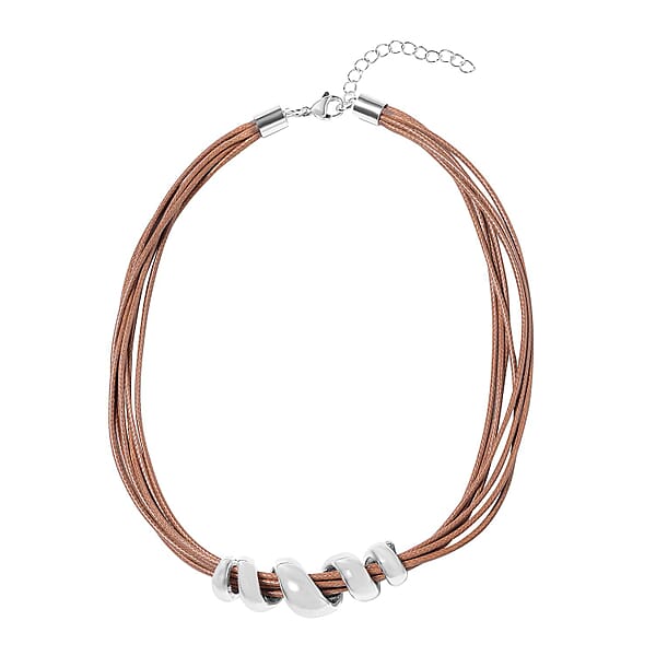 Brown Faux Leather Cord Twist Bracelet (7-8.50In) And Necklace 16-18In In Stainless Steel