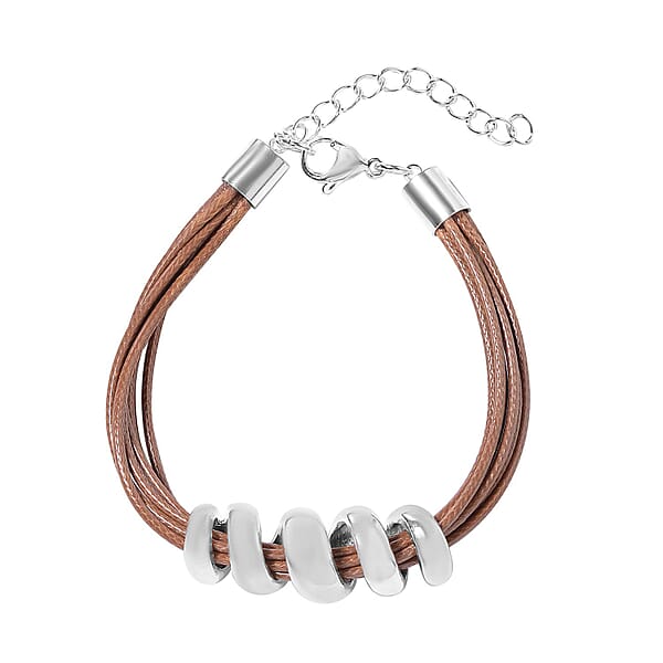Brown Faux Leather Cord Twist Bracelet (7-8.50In) And Necklace 16-18In In Stainless Steel