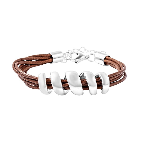 Brown Faux Leather Cord Twist Bracelet (7-8.50In) And Necklace 16-18In In Stainless Steel