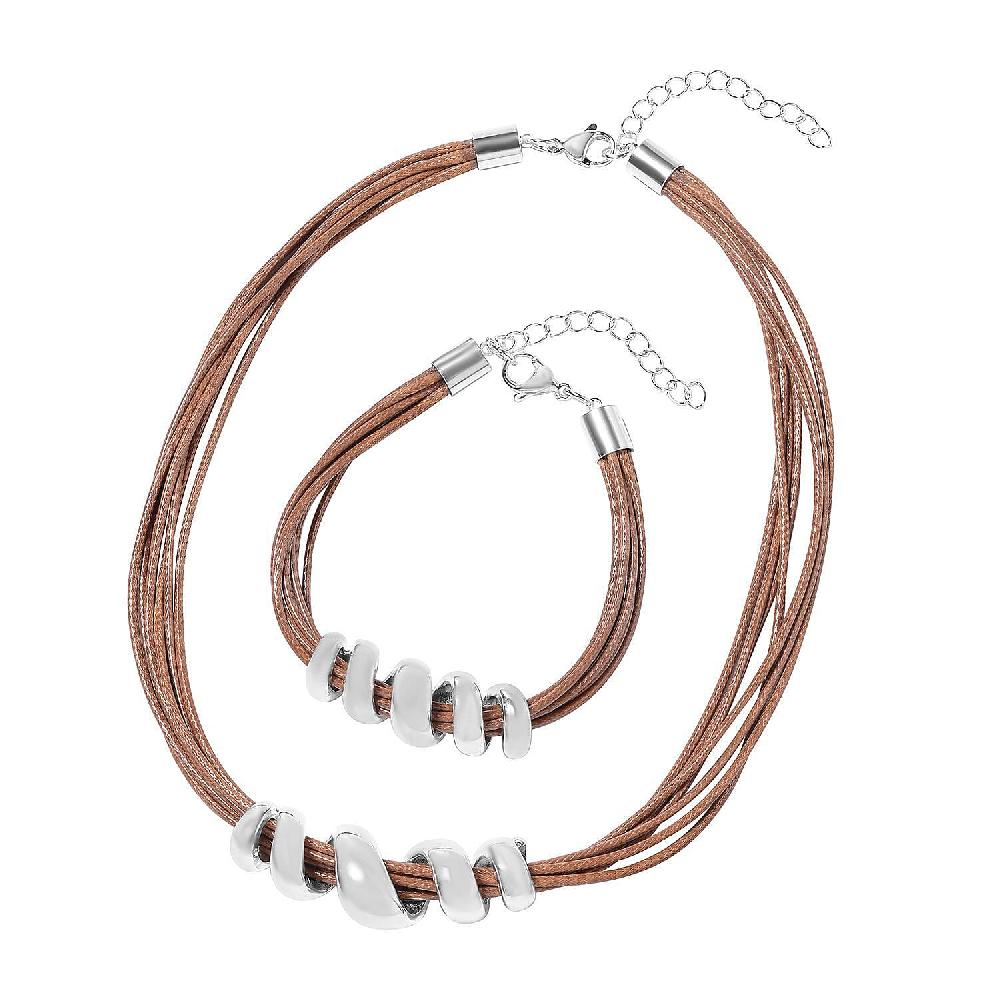 Brown Faux Leather Cord Twist Bracelet (7-8.50In) and Necklace 16-18In in Stainless Steel