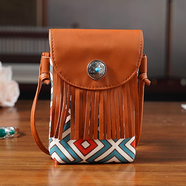 Brown Faux Leather Rhombus Pattern Tassel Crossbody Bag With Shoulder Strap