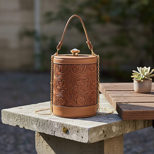 Brown Flower Embossed Faux Leather Cylinder Clutch Bag With Shoulder Strap