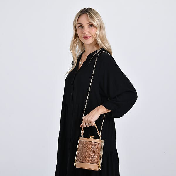 Brown Flower Embossed Faux Leather Cylinder Clutch Bag With Shoulder Strap