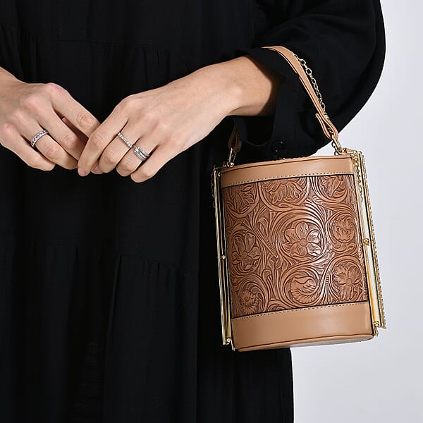 Brown Flower Embossed Faux Leather Cylinder Clutch Bag With Shoulder Strap