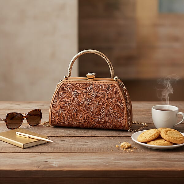 Brown Flower Embossed Faux Leather Trapezoidal Clutch Bag With Shoulder Strap