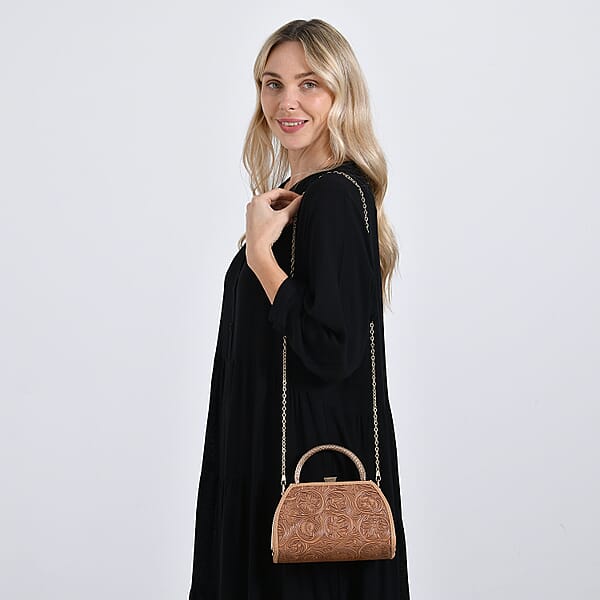 Brown Flower Embossed Faux Leather Trapezoidal Clutch Bag With Shoulder Strap