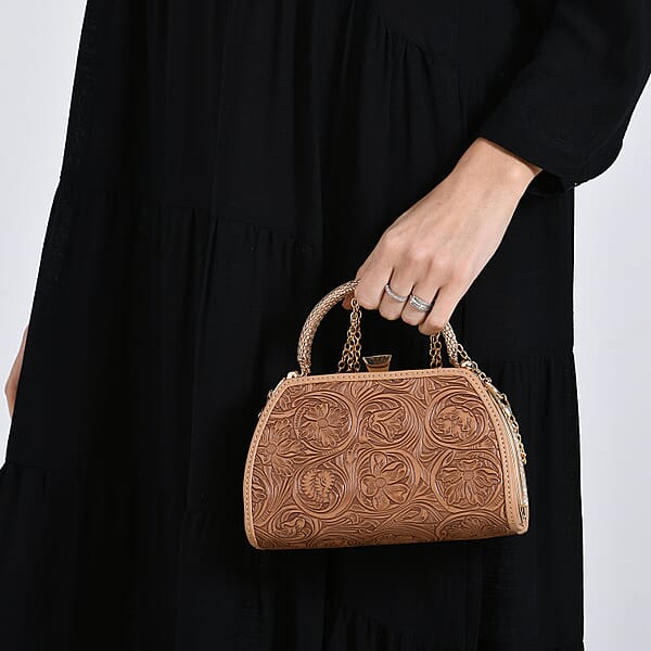 Brown Flower Embossed Faux Leather Trapezoidal Clutch Bag With Shoulder Strap