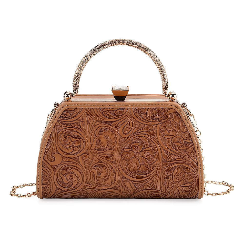 Brown Flower Embossed Faux Leather Trapezoidal Clutch Bag with Shoulder Strap