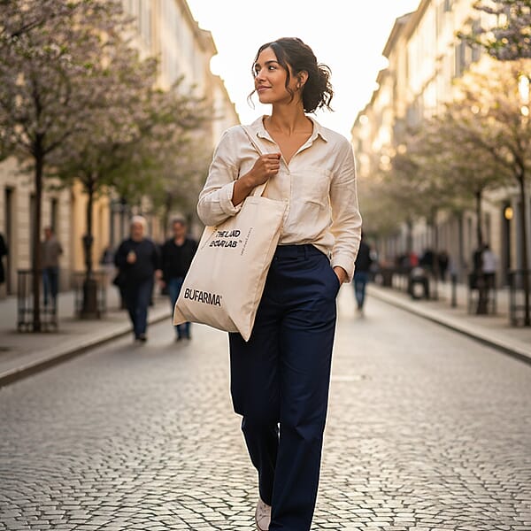 Bufarma Beige And Black Print Jute Tote Bag
