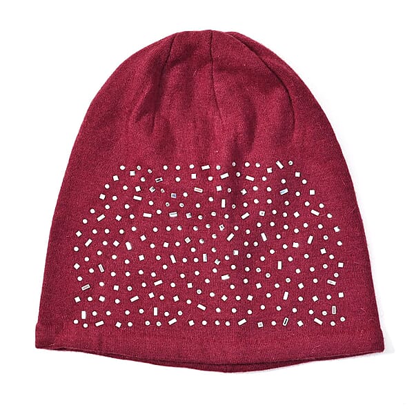 Burgundy Cashmere Blend Crystal Beanie And 1 Pair Gloves Set