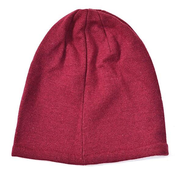 Burgundy Cashmere Blend Crystal Beanie And 1 Pair Gloves Set
