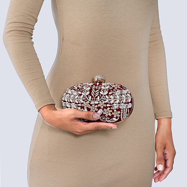 Burgundy Hand Embroidery Oval Shaped Pearl Studded Velvet Clutch