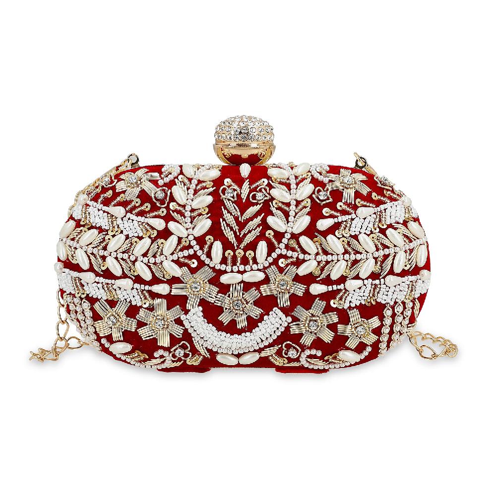 Burgundy Hand Embroidery Oval Shaped Pearl Studded Velvet Clutch