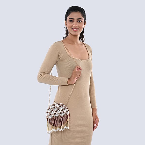 Burgundy Hand Embroidery Pearl Studded Velvet Clutch With Tassels Ring Handle And Sling Chain