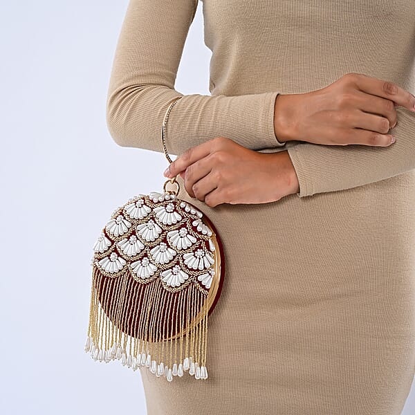 Burgundy Hand Embroidery Pearl Studded Velvet Clutch With Tassels Ring Handle And Sling Chain