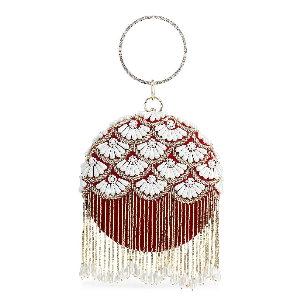 Burgundy Hand Embroidery Pearl Studded Velvet Clutch with Tassels Ring Handle and Sling Chain