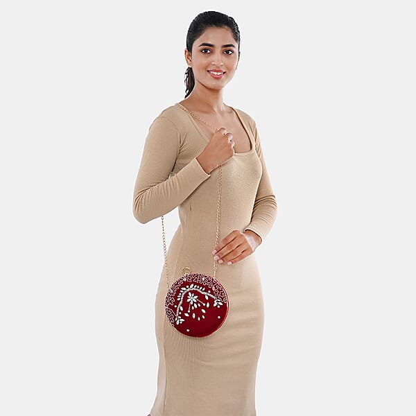 Burgundy Hand Embroidery Round Shaped Beads Studded Velvet Clutch With Ring Handle And Sling Chain