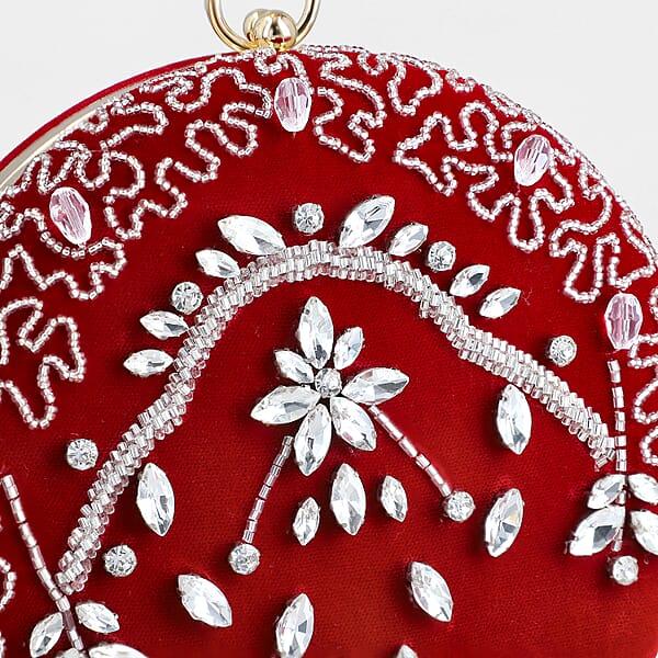 Burgundy Hand Embroidery Round Shaped Beads Studded Velvet Clutch With Ring Handle And Sling Chain