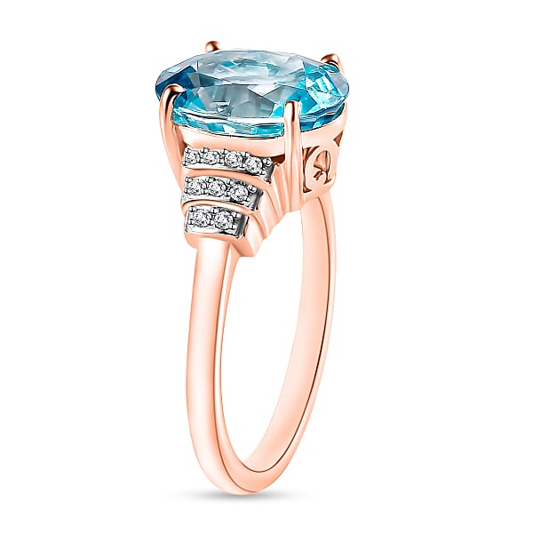 Cambodian Blue Zircon And Diamond 5.60 Ctw Ring In 18K Vermeil Rose Gold Over Sterling Silver (Del. In 10-12 Days)