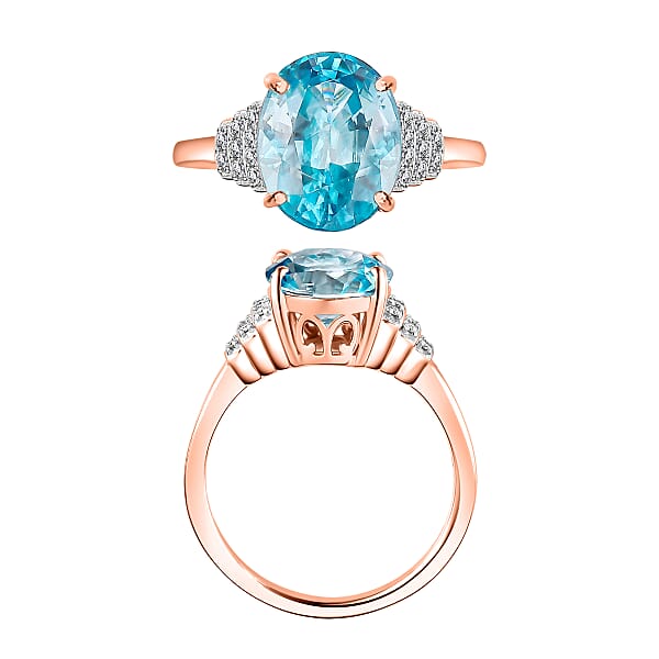 Cambodian Blue Zircon And Diamond 5.60 Ctw Ring In 18K Vermeil Rose Gold Over Sterling Silver (Del. In 10-12 Days)