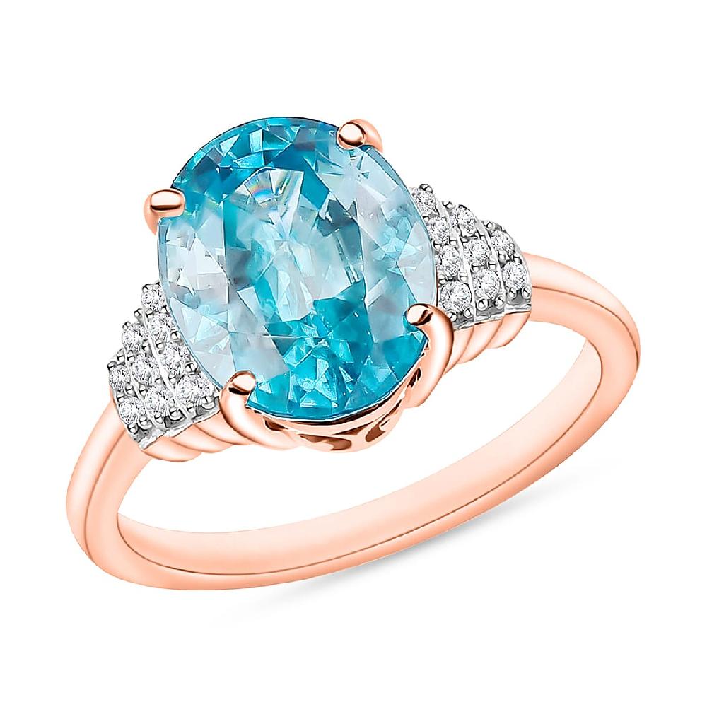 Cambodian Blue Zircon and Diamond 5.60 ctw Ring in 18K Vermeil Rose Gold Over Sterling Silver (Del. in 10-12 Days)