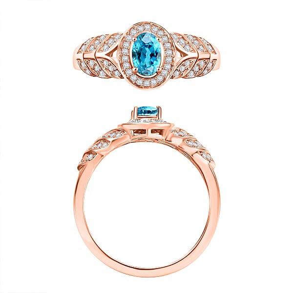 Cambodian Blue Zircon And Moissanite 0.90 Ctw Ring In 18K Vermeil Rose Gold Over Sterling Silver 0 (Del. In 10-12 Days)