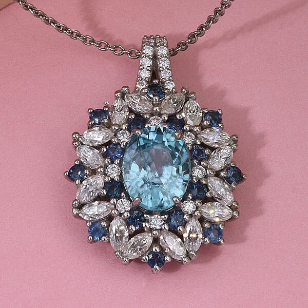 Cambodian Blue Zircon And Multi Gemstone 5.40 Ctw Pendant Necklace In Rhodium Over Sterling Silver 20 Inches