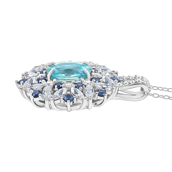 Cambodian Blue Zircon And Multi Gemstone 5.40 Ctw Pendant Necklace In Rhodium Over Sterling Silver 20 Inches