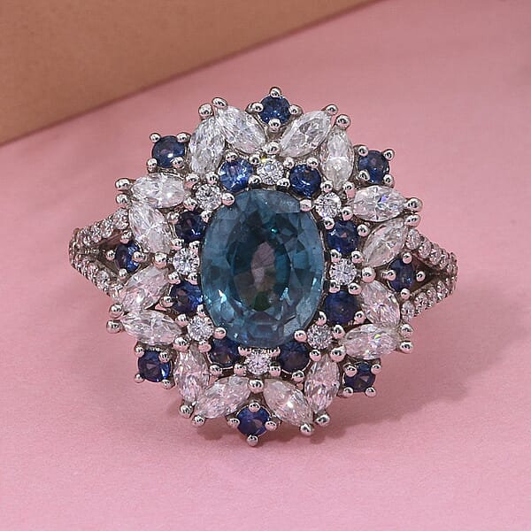 Cambodian Blue Zircon And Multi Gemstone 5.40 Ctw Ring In Rhodium Over Sterling Silver