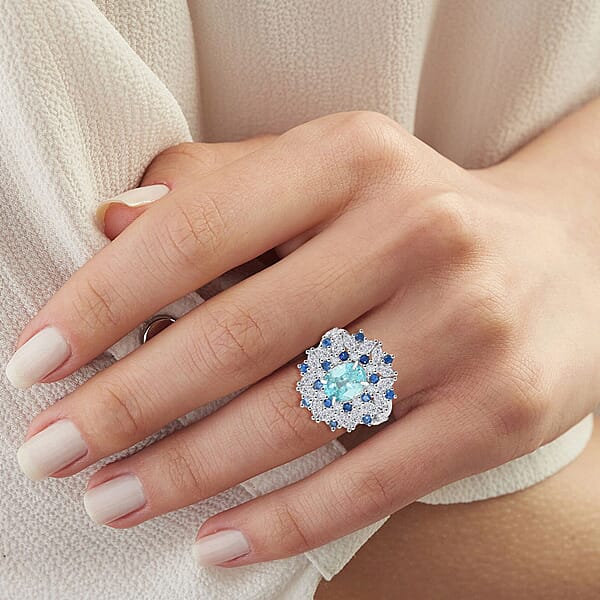 Cambodian Blue Zircon And Multi Gemstone 5.40 Ctw Ring In Rhodium Over Sterling Silver