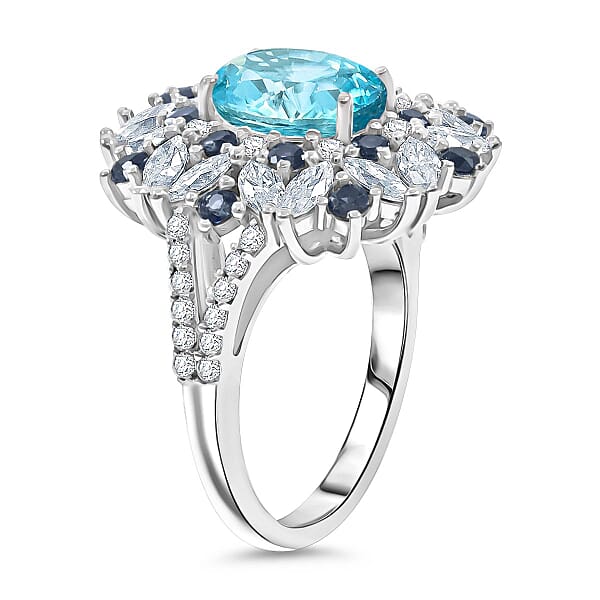 Cambodian Blue Zircon And Multi Gemstone 5.40 Ctw Ring In Rhodium Over Sterling Silver