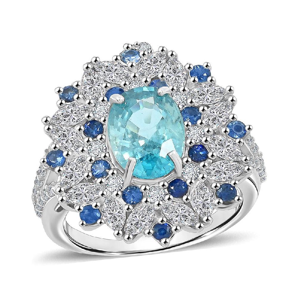 Cambodian Blue Zircon and Multi Gemstone 5.40 ctw Ring in Rhodium Over Sterling Silver