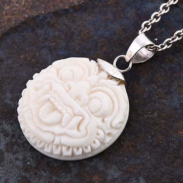Carved Bone Barong Pendant Without Chain In Sterling Silver
