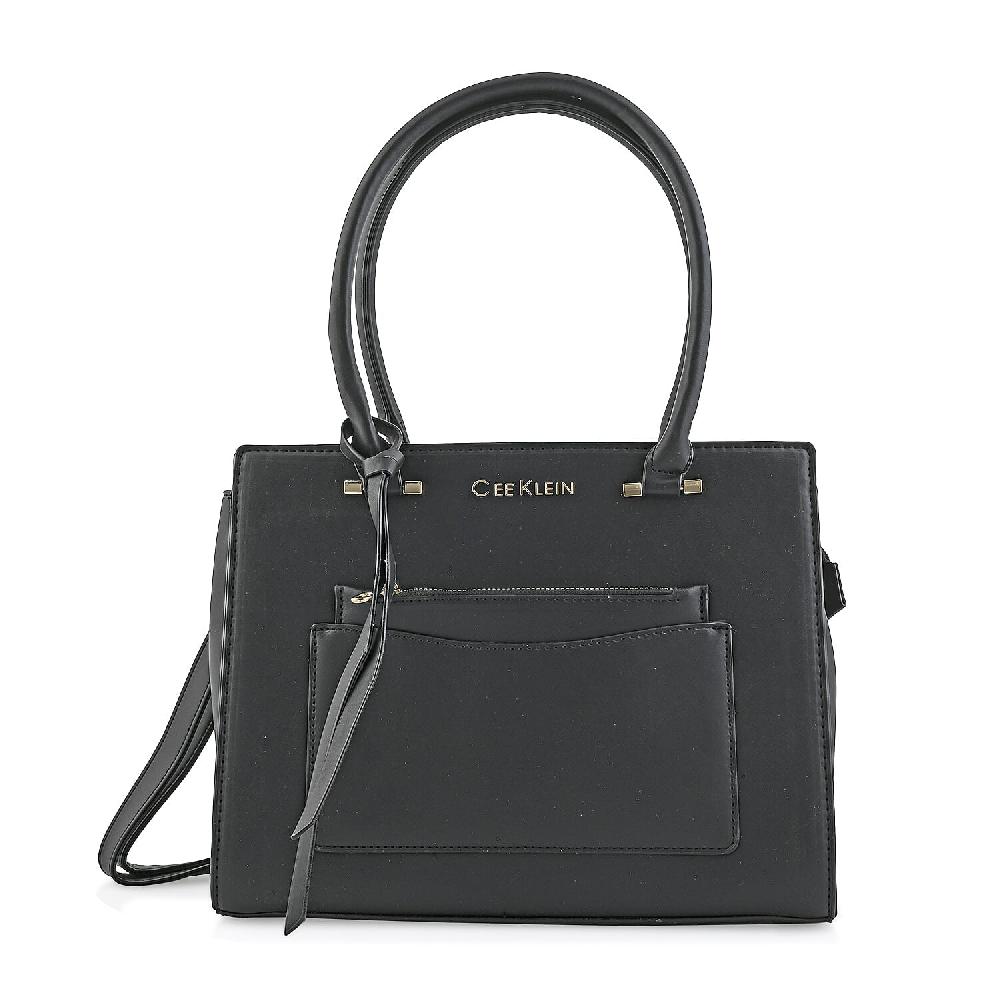 Cee Klein Black Faux Leather Shoulder Bag With Top Zipper
