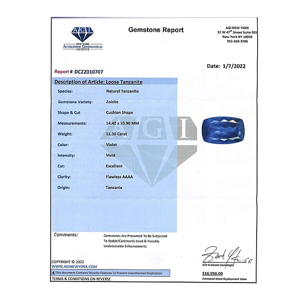 Certified 11.00 Ctw Cushion Tanzanite Loose Gemstone – AAAA Grade Free Size