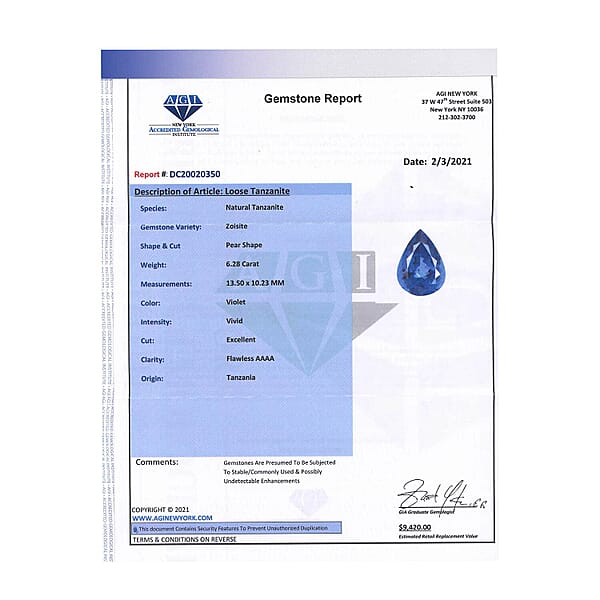 Certified 6.00 Ctw Pear Tanzanite Loose Gemstone – Flawless AAAA Grade Free Size
