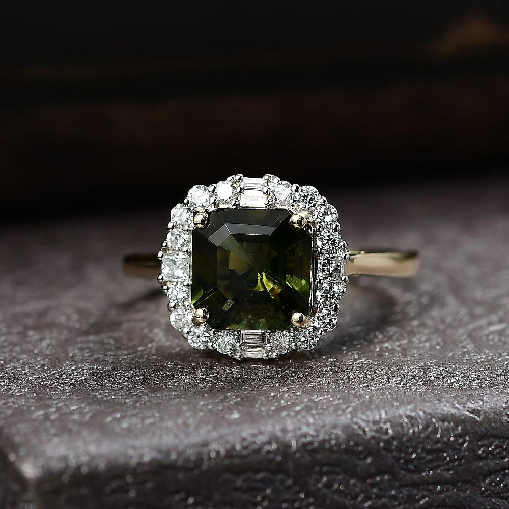 Certified AAA Bohemian Moldavite Lab Grown Diamond Ring in 10K Yellow Gold 2.45 ctw