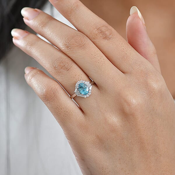 Certified AAA Cambodian Blue Zircon Diamond Ring In 10K White Gold 2.50 Ctw