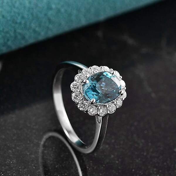 Certified AAA Cambodian Blue Zircon Lab Grown Diamond Ring In 10K White Gold 3.00 Ctw