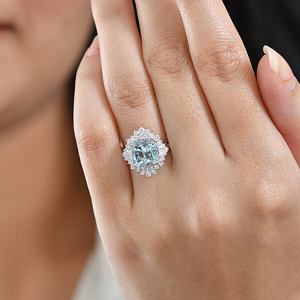Certified AAA Mangoro Aquamarine Diamond Ballerina Ring In 10K White Gold 3.27 Ctw (Size 10.0)