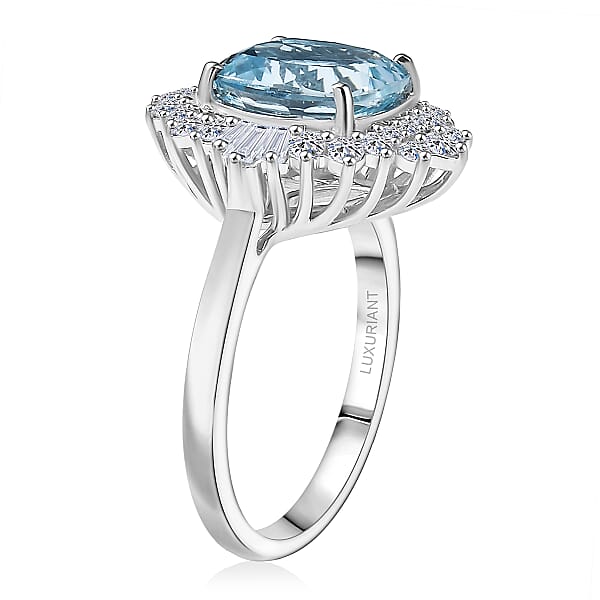Certified AAA Mangoro Aquamarine Diamond Ballerina Ring In 10K White Gold 3.27 Ctw (Size 10.0)