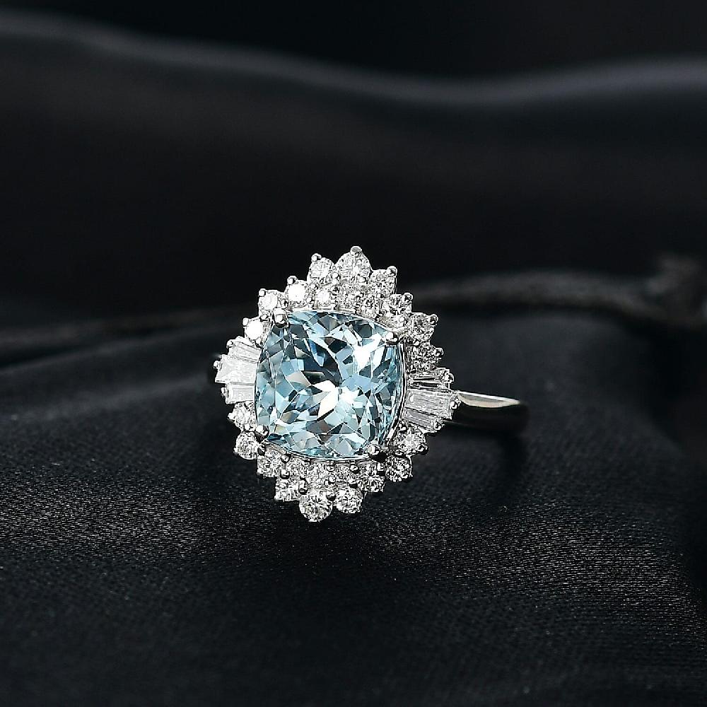 Certified AAA Mangoro Aquamarine Diamond Ballerina Ring in 10K White Gold 3.27 ctw (Size 10.0)
