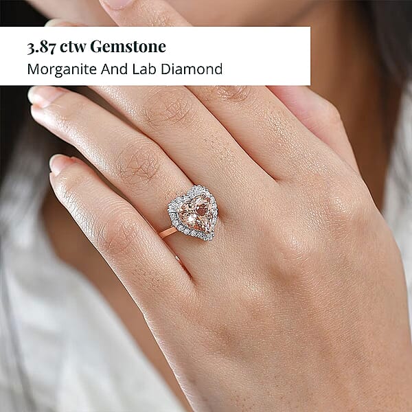 Certified AAA Marropino Morganite Lab Grown Diamond Ring In 10K Rose Gold 3.87 Ctw