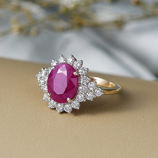 Certified AAA Montepuez Ruby Diamond Sunburst Ring In 10K Yellow Gold 6.40 Ctw
