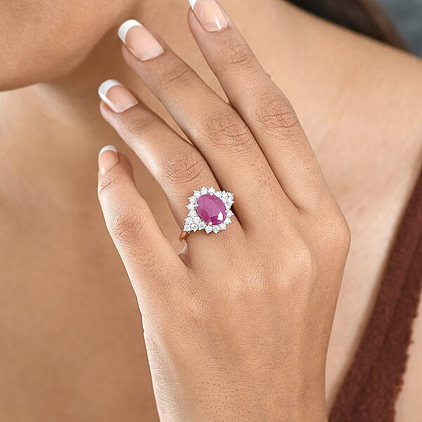 Certified AAA Montepuez Ruby Diamond Sunburst Ring In 10K Yellow Gold 6.40 Ctw