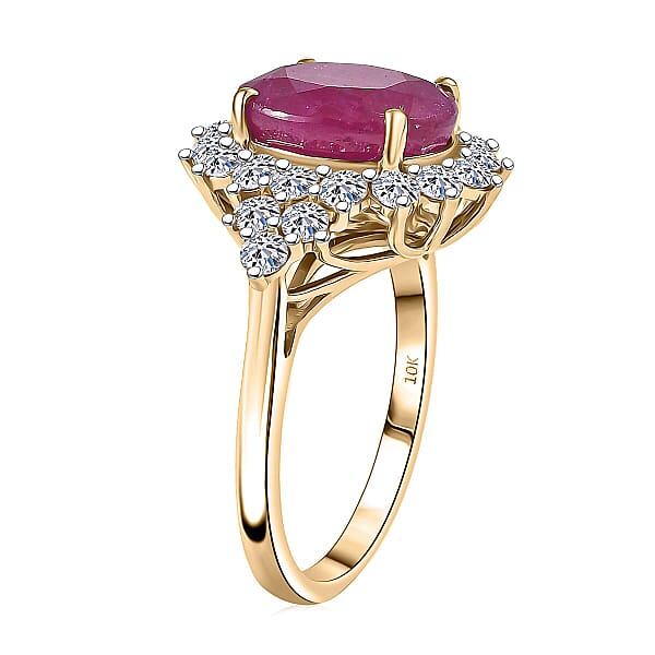 Certified AAA Montepuez Ruby Diamond Sunburst Ring In 10K Yellow Gold 6.40 Ctw