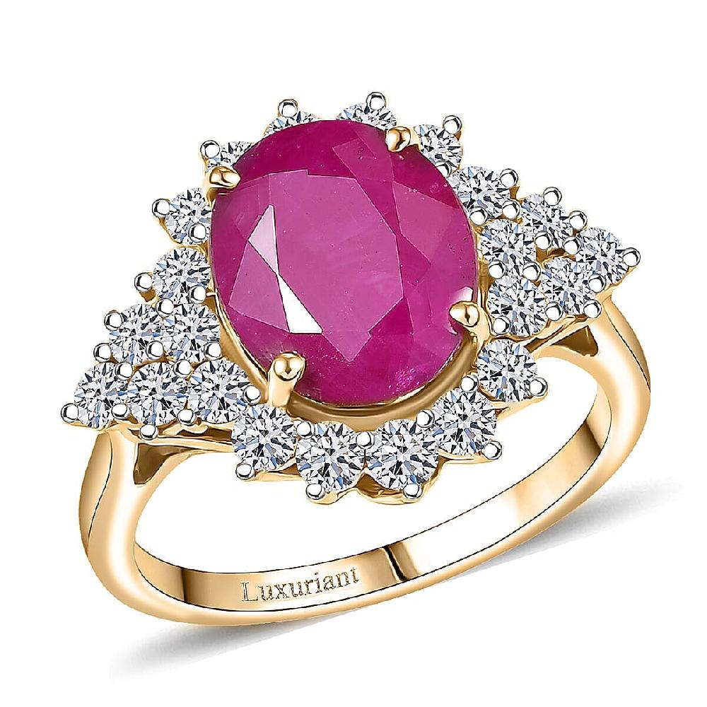 Certified AAA Montepuez Ruby Diamond Sunburst Ring in 10K Yellow Gold 6.40 ctw