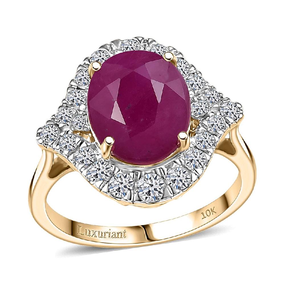Certified AAA Montepuez Ruby Lab-Grown Diamond Ring in 10K Yellow Gold 6.15 ctw